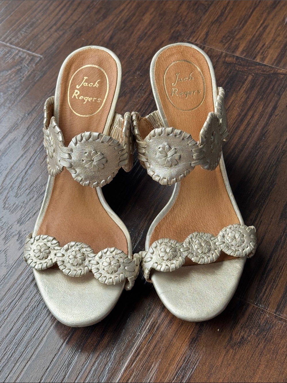Jack Rogers Soft Gold Whipstitch Medallion Leather Slide Wedge